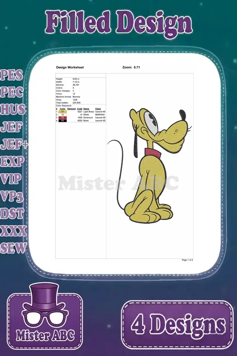 Design worksheet for Pluto (sitting, looking left) embroidery, with detailed specifications and color information.
