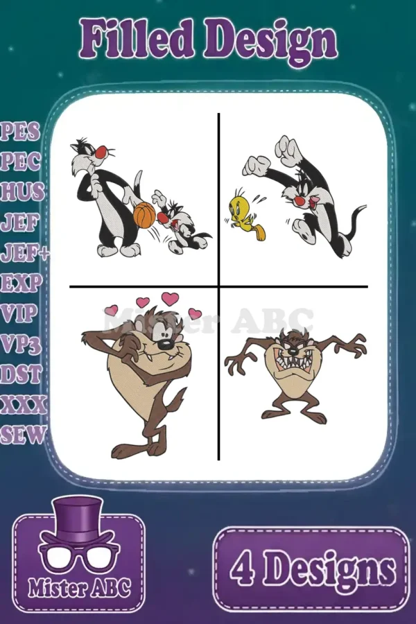 A vibrant bundle of four Looney Tunes filled embroidery designs featuring Sylvester, Tweety, and Taz in various poses.