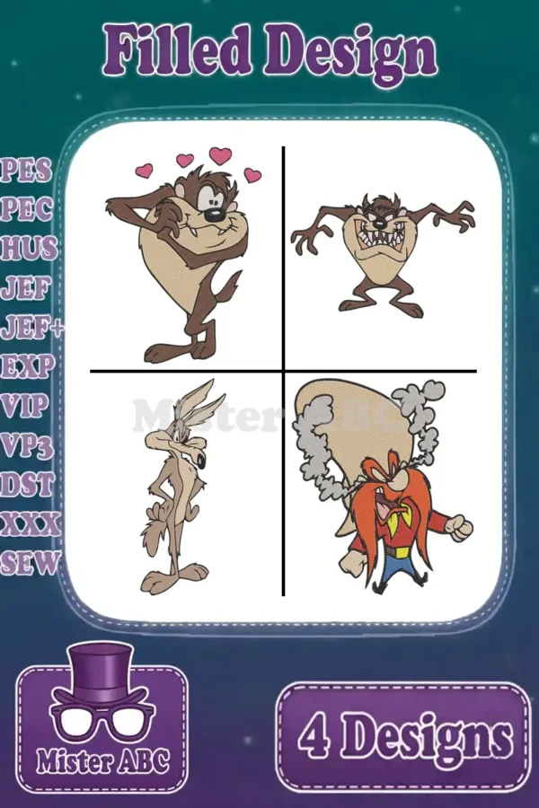 A vibrant embroidery design bundle featuring four classic Looney Tunes characters: two Taz expressions, Wile E. Coyote, and Yosemite Sam, ready for crafting.