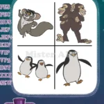 Madagascar Mort Lemur King Julien Chimpanzees And Penguins Character Group - Filled Embroidery Design - Instant Download