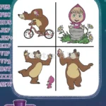 Masha And The Bear Bear On Bicycle Masha With Flowers Bear Waving At Masha - Filled Embroidery Design - Instant Download