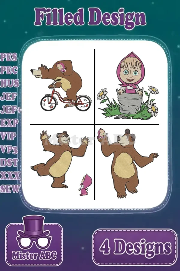 Four vibrant Masha and the Bear filled embroidery designs, including biking, bucket, dancing, and hugging scenes.