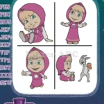 Masha And The Bear Masha Sitting Standing Posing And With Rabbit Character - Filled Embroidery Design - Instant Download