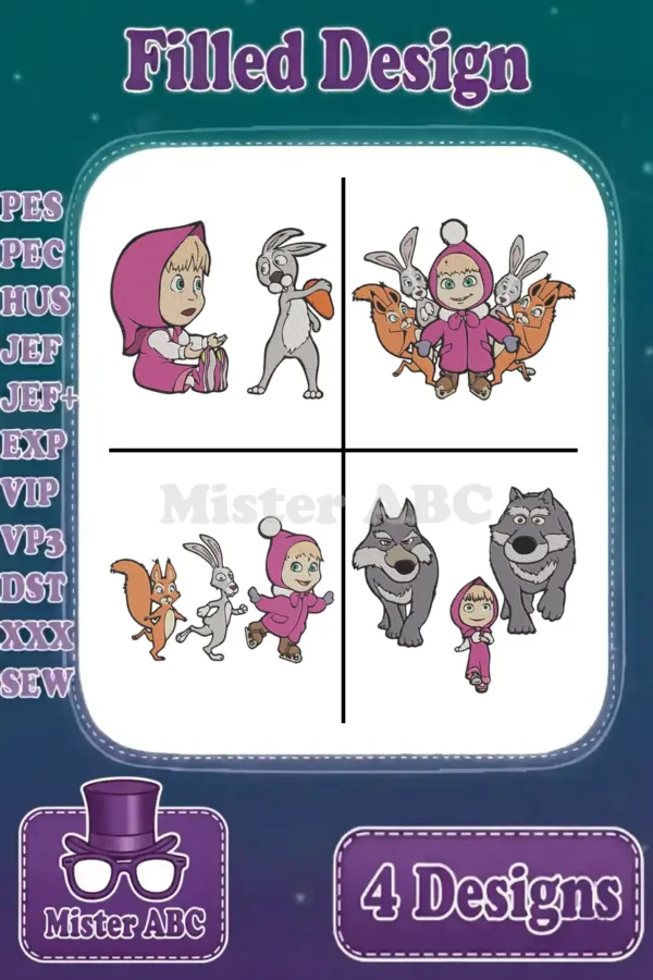 Main product image showing a bundle of four Masha and the Bear filled embroidery designs with various animals.