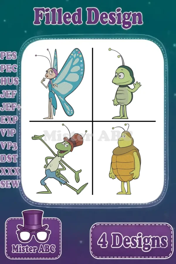 Four vibrant 'A Bug's Life' characters: Princess Atta, Flik, Manny, and Heimlich, displayed as filled embroidery designs.