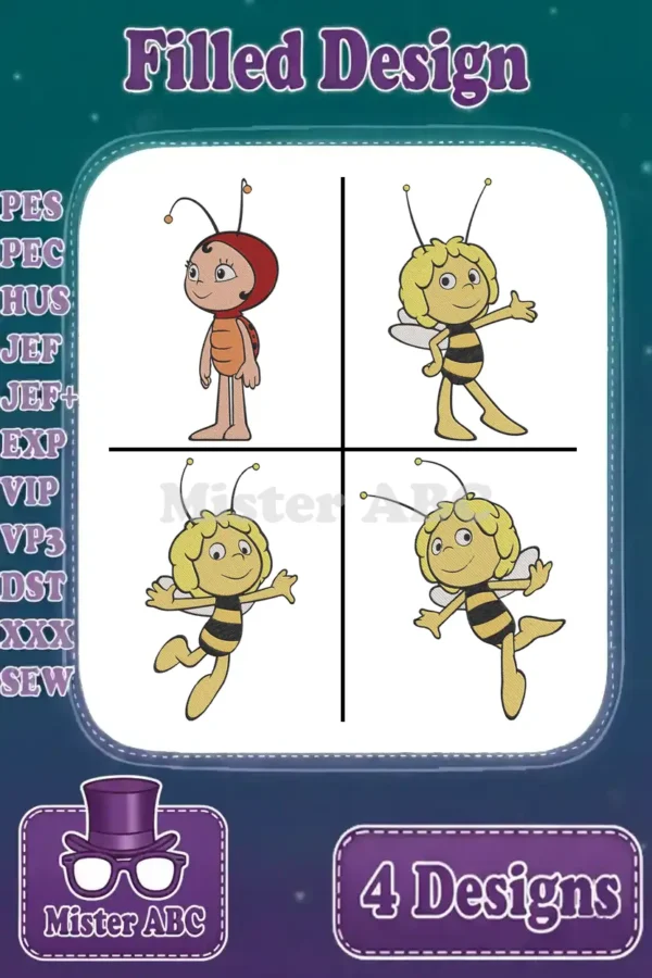 Main image showing four filled embroidery designs: a charming ladybug and three dynamic poses of Maya the Bee.