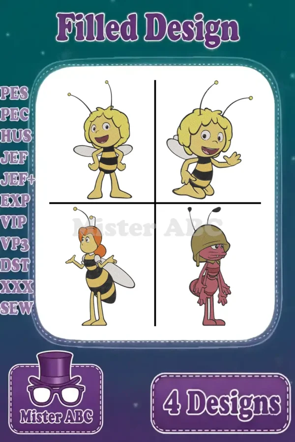 Four vibrant filled embroidery designs: Maya the Bee (two poses), Miss Cassandra, and Flip the grasshopper.