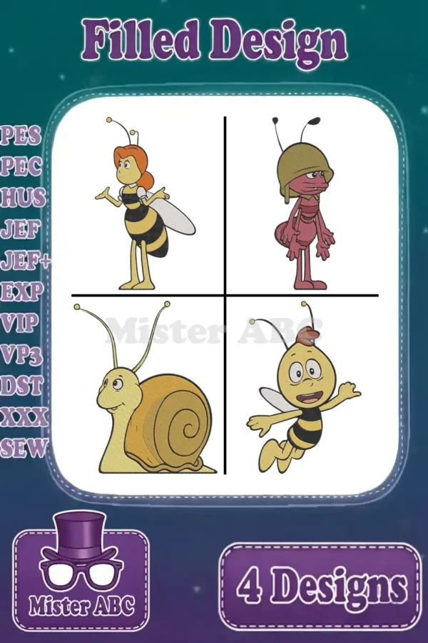 A vibrant bundle of four filled embroidery designs featuring Maya the Bee, Willy the Bee, Flip the ant, and a cheerful snail, showcasing various file formats.