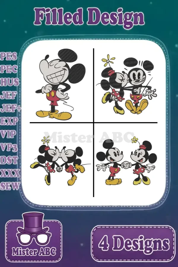 A vibrant collage of four filled embroidery designs featuring Mickey and Minnie Mouse in various playful poses.