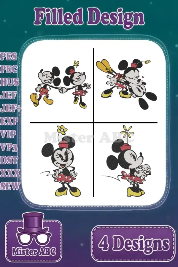 A vibrant main image displaying four unique filled embroidery designs of Mickey and Minnie Mouse in various loving poses.
