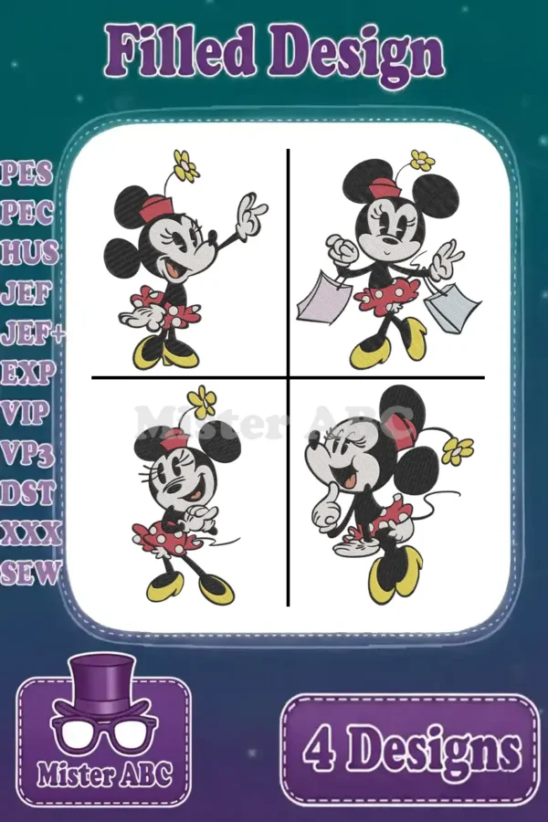 A vibrant collage of four filled Minnie Mouse embroidery designs, showcasing different playful poses and file formats.