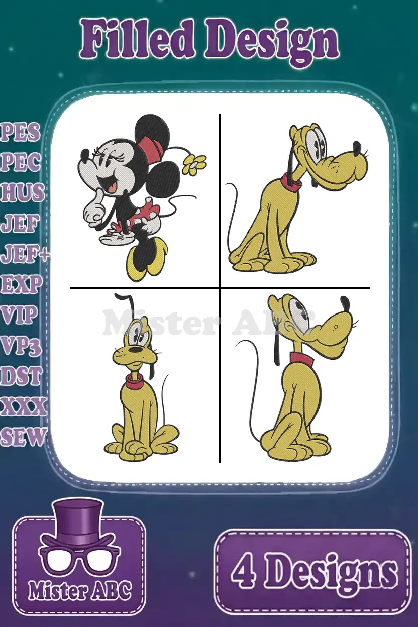 Four vibrant filled embroidery designs featuring Minnie Mouse and three playful poses of Pluto, ready for stitching.