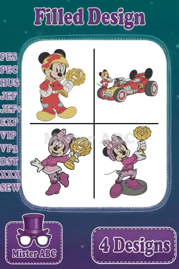Four vibrant filled embroidery designs featuring Mickey and Minnie Mouse in racing attire, holding trophies and in a race car.