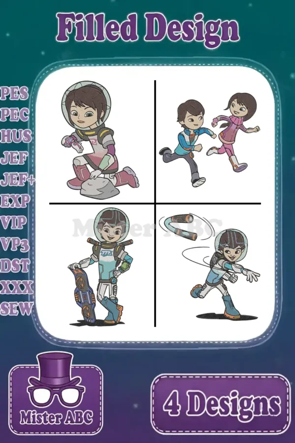 Four vibrant filled embroidery designs of Miles and Loretta from Miles from Tomorrowland, ready for space adventures.