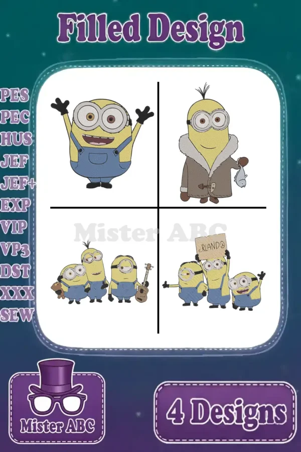 Bundle of four vibrant Minions filled embroidery designs, showcasing different poses and scenes, ready for stitching.