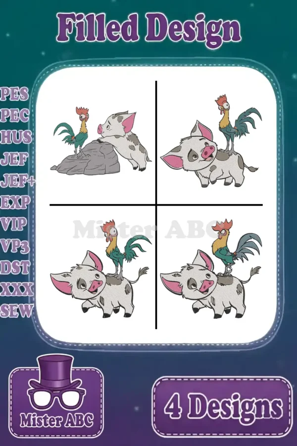 A vibrant display of four filled embroidery designs featuring Pua the pig and Heihei the rooster from Moana.