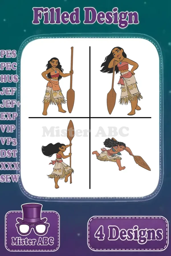 Four Moana filled embroidery designs in various poses with her paddle, ready for adventure on your fabric.