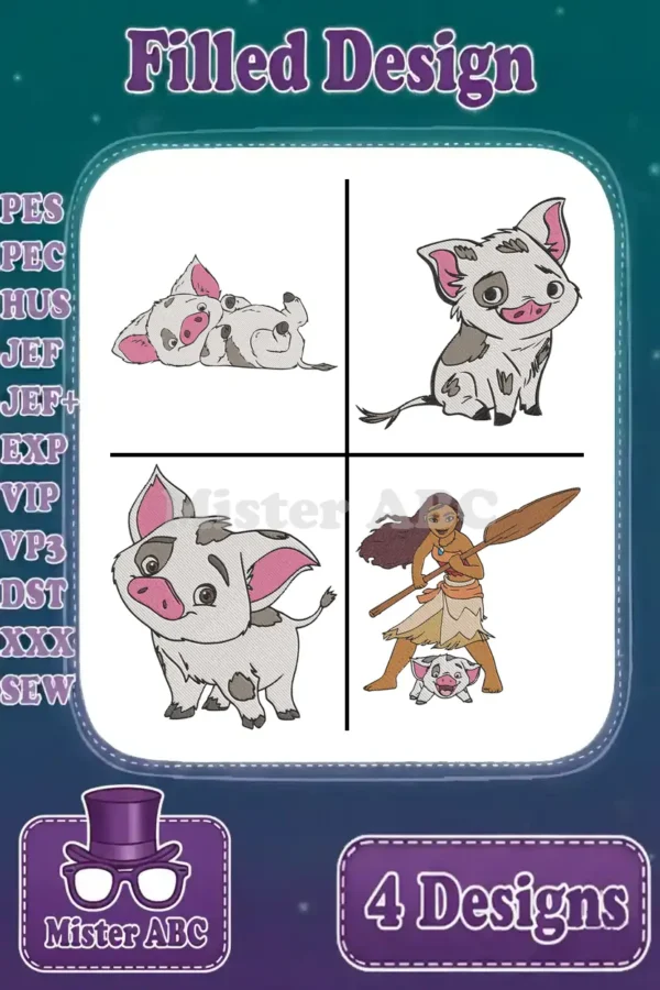 A vibrant collage of four filled embroidery designs featuring Pua the pig in various poses and Moana with Pua, alongside supported file formats.
