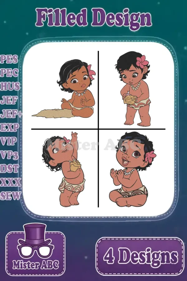 A vibrant display of four filled embroidery designs featuring baby Moana in various adorable, playful poses.