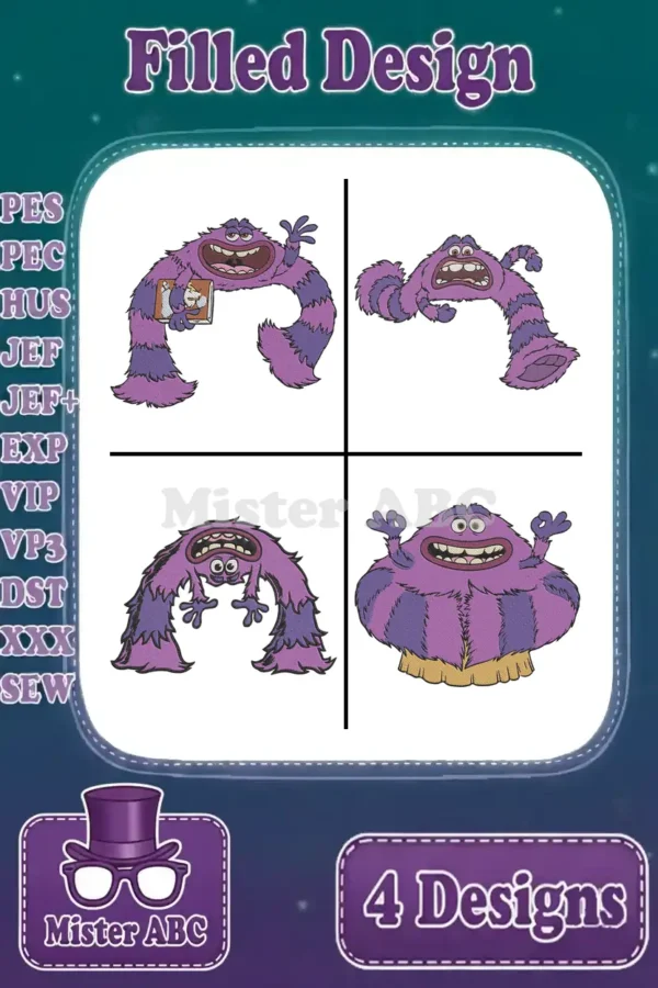 Bundle of four vibrant Thumpin' monster filled embroidery designs, showcasing various poses and expressions.