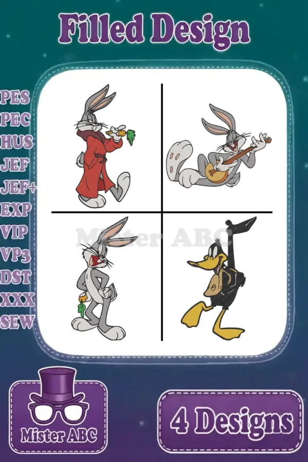 A vibrant bundle of four Looney Tunes filled embroidery designs, featuring Bugs Bunny and Daffy Duck in various playful poses.