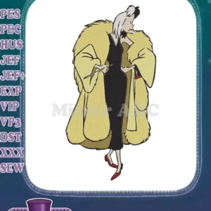Full-body embroidery design of Cruella de Vil, in a black dress and yellow fur coat, holding a cigarette holder.