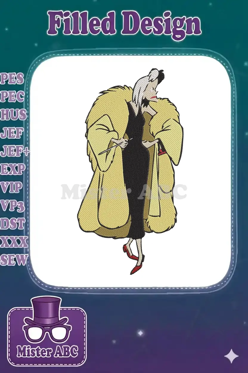 Full-body embroidery design of Cruella de Vil, in a black dress and yellow fur coat, holding a cigarette holder.