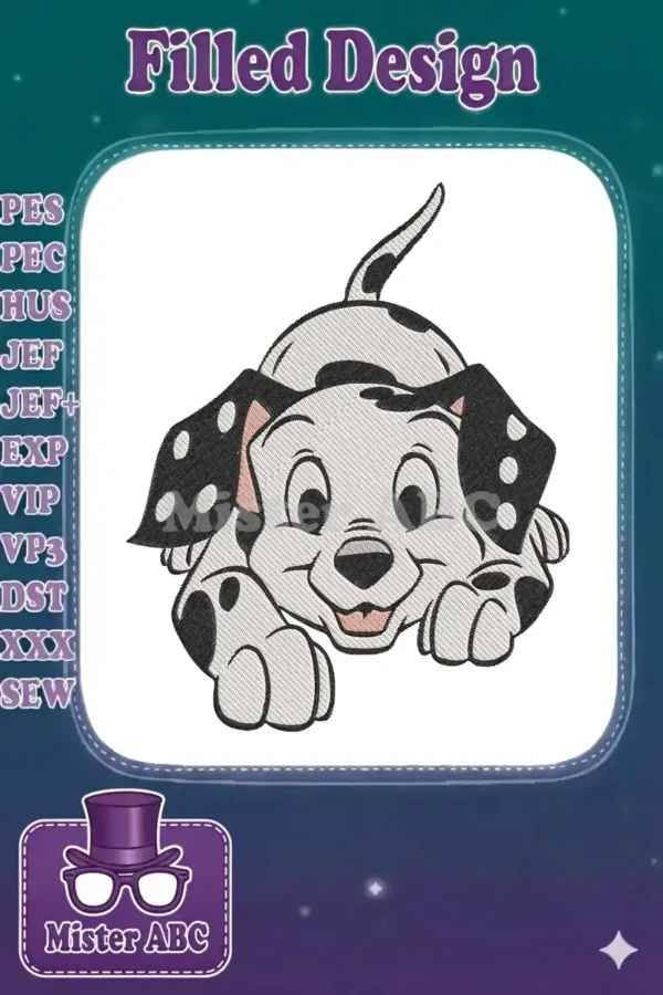 A charming embroidery design of a playful Dalmatian puppy lying down, smiling, perfect for children's items.
