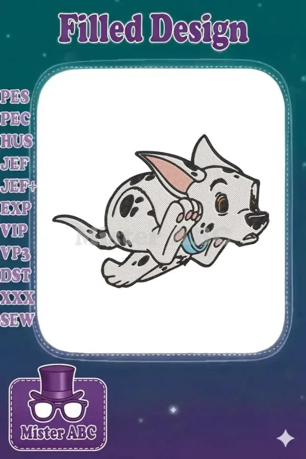 Close-up of a charming embroidered Dalmatian puppy design, featuring detailed stitching and vibrant colors.