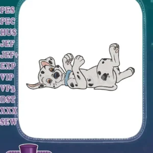 Adorable Dalmatian puppy embroidery design, lying on its back with a blue collar, featuring intricate details.