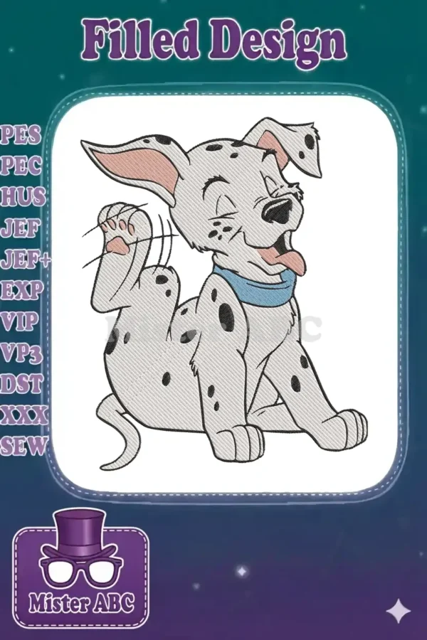 Close-up embroidery of a cheerful Dalmatian puppy, possibly Patch, scratching its ear with a blue collar, detailed stitching.