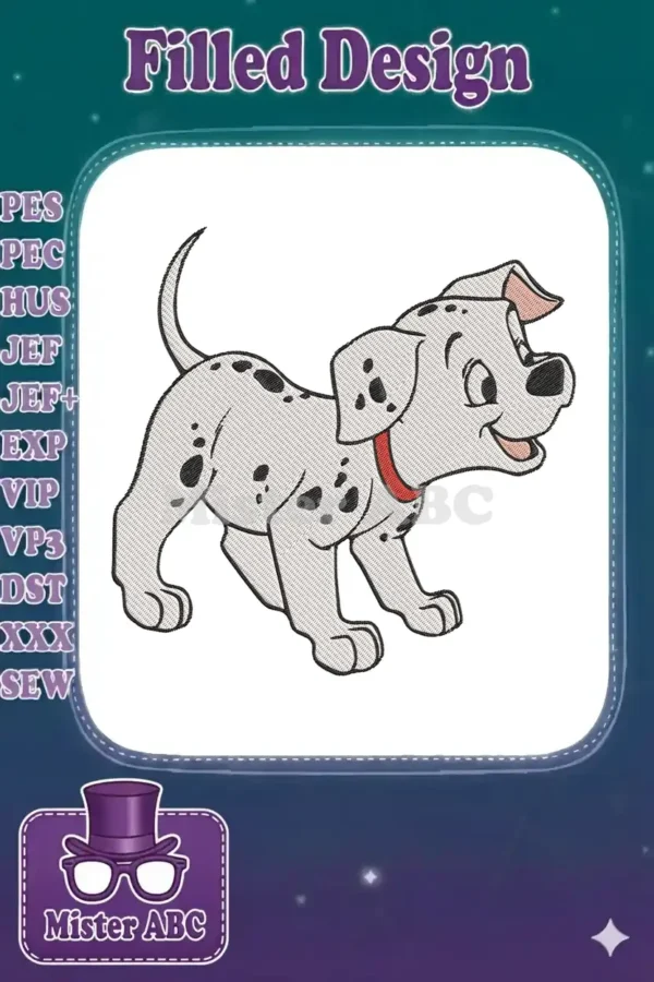 An endearing cartoon Dalmatian puppy embroidery design with a red collar, smiling playfully on a white background.