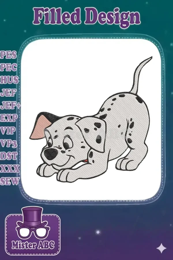 A charming, playful Dalmatian puppy embroidery design, featuring black spots and a happy expression, ready to pounce.