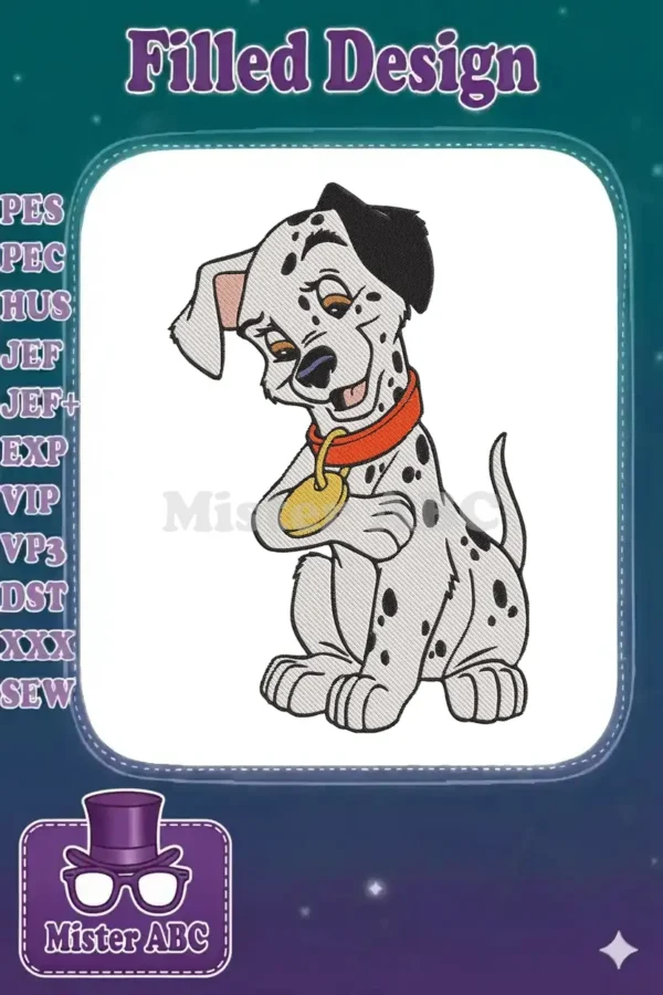 An adorable Dalmatian puppy embroidery design, featuring its iconic spots, a red collar, and a friendly, shy expression.