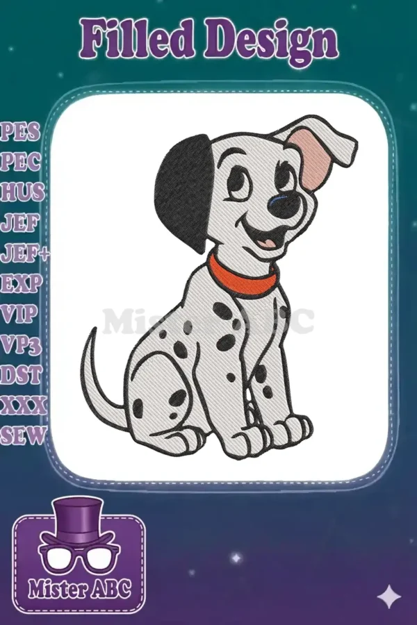 An adorable, smiling Dalmatian puppy embroidery design with an orange collar, sitting cheerfully.