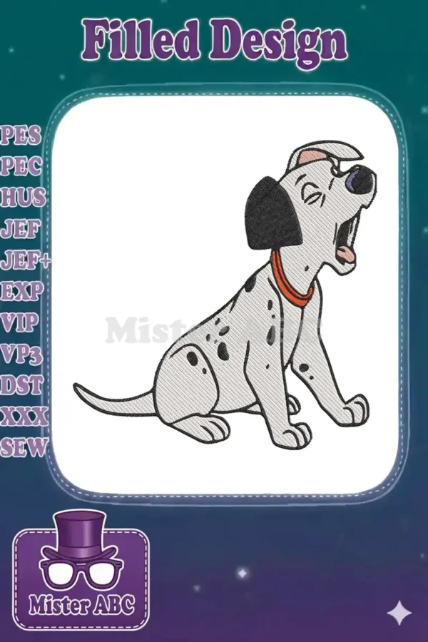 Full-color embroidery design of Patch, the dalmatian puppy from 101 Dalmatians, sitting and yawning.