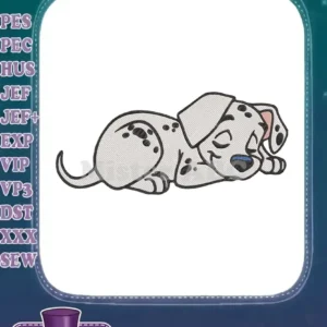 A delightful machine embroidery design featuring a sleeping Dalmatian puppy with black spots and a sweet expression.