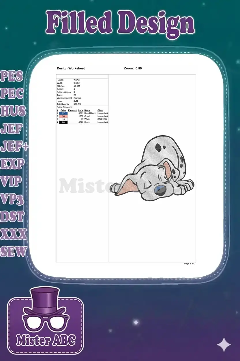An embroidery design worksheet detailing dimensions, stitch count, color sequence, and machine format for the puppy design.