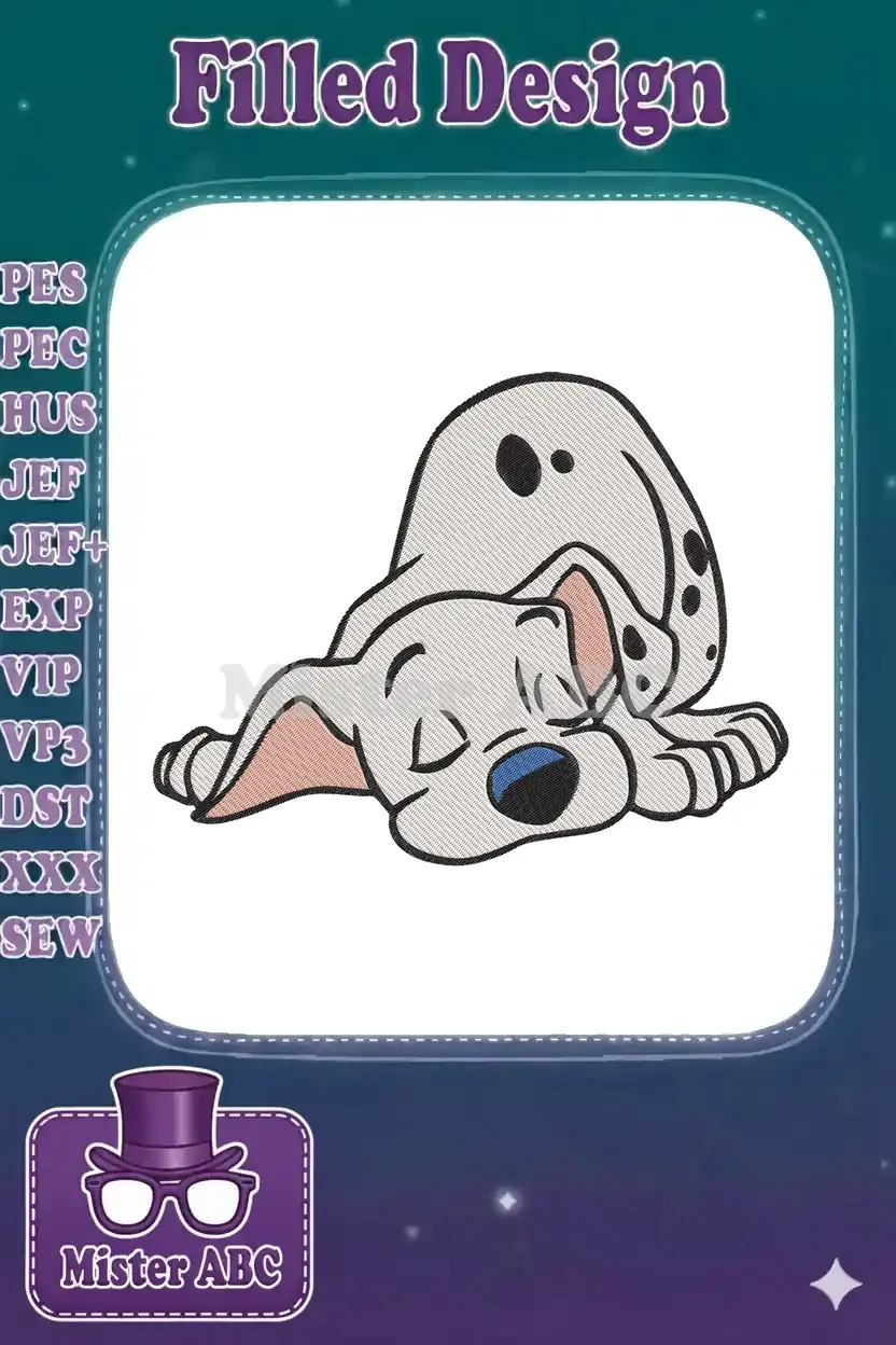 A charming embroidery design featuring a white Dalmatian puppy with black spots, peacefully sleeping on a white background.