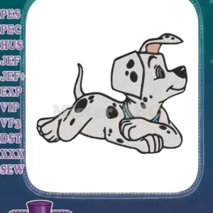 Embroidered Dalmatian puppy lying down with a blue collar, a playful and detailed digital design for crafts.