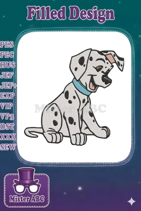 A delightful embroidery design featuring a happy, spotted Dalmatian puppy with a blue collar, sitting and smiling.