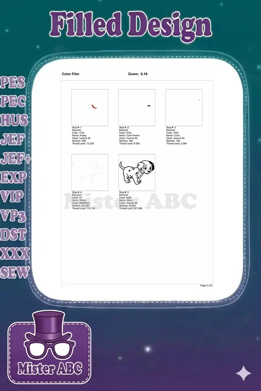 Color film sequence showing the individual stitch steps and thread usage for the Dalmatian puppy embroidery design.