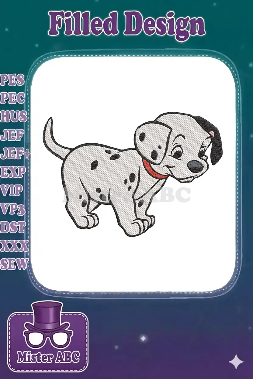 A delightful embroidery design featuring a playful Dalmatian puppy with black spots and a red collar, expertly stitched.