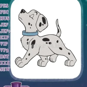 Embroidered Dalmatian puppy with black spots and a light blue collar, looking upwards playfully.