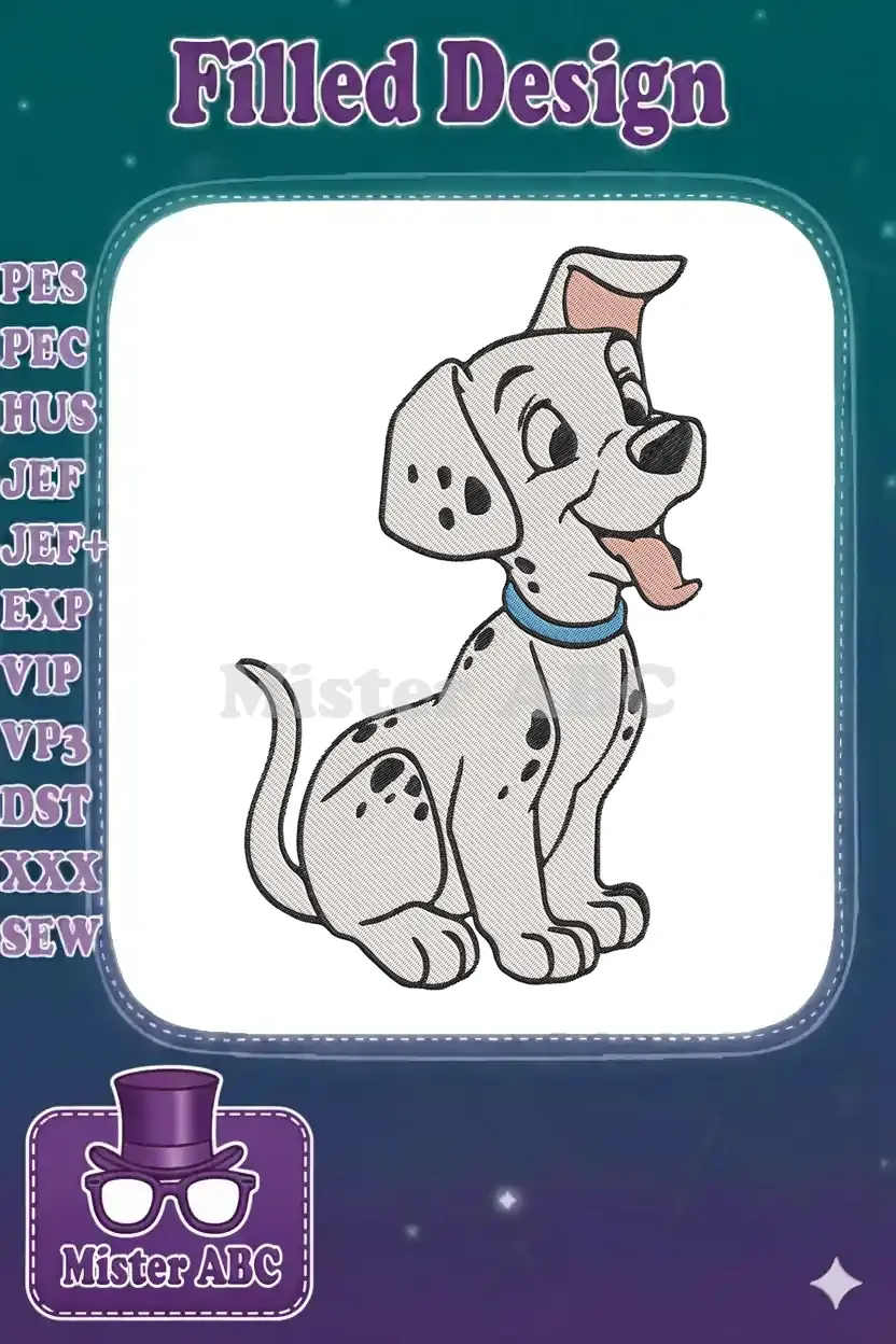 A cheerful embroidery design of a sitting Dalmatian puppy with a blue collar, tongue out, in a cartoon style.