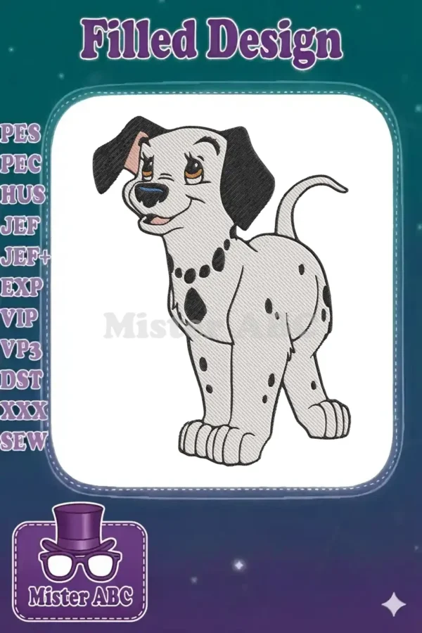 A vibrant embroidery design featuring an adorable standing Dalmatian puppy with black spots and a wagging tail.