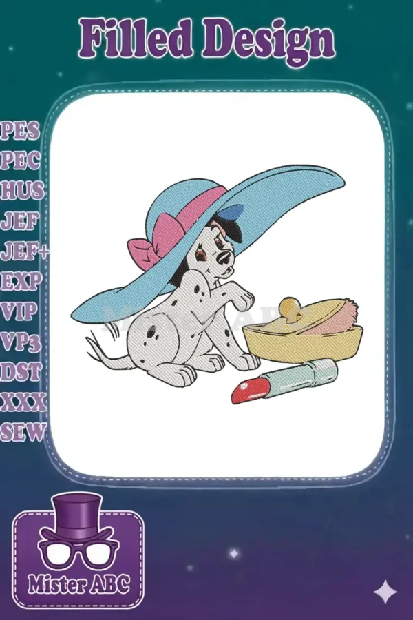 Adorable Dalmatian puppy in a large blue and pink hat, sitting next to a brush and lipstick, perfect for kids' items.