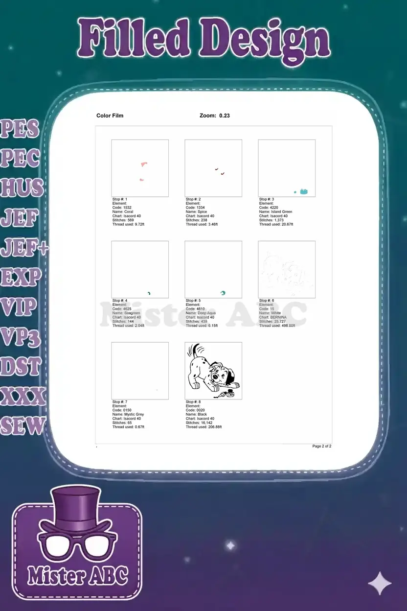 A color film breakdown of the Dalmatian puppy embroidery design, showing each stitch stop and thread usage.