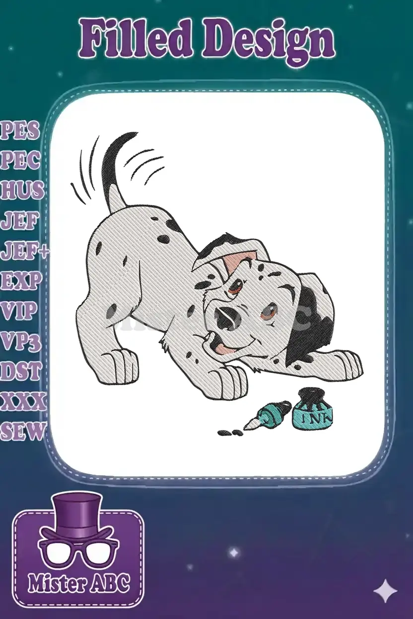 A playful embroidered Dalmatian puppy, Pongo or Patch, with a mischievous expression, interacting with a spilled ink bottle.