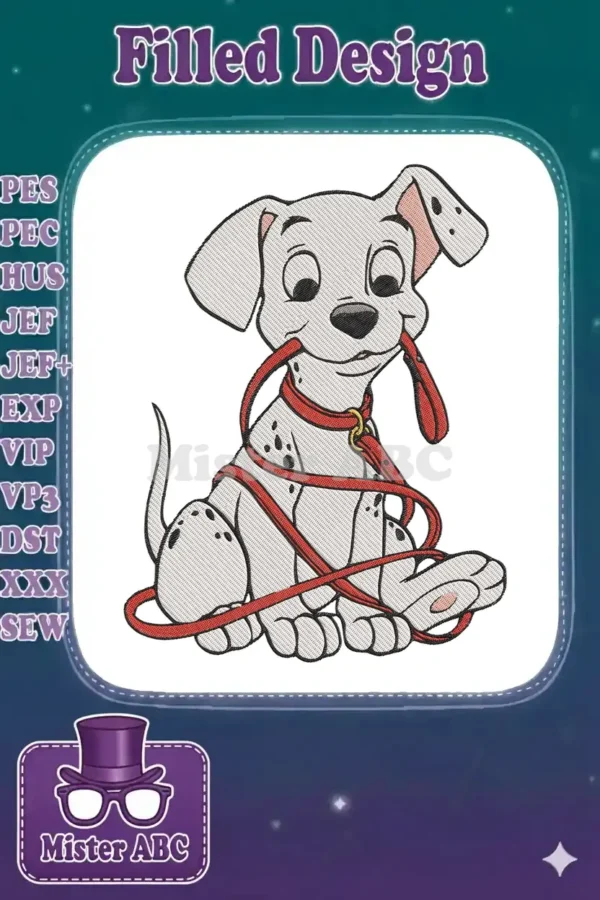 Detailed embroidery of a cheerful Dalmatian puppy with black spots, playfully holding a red leash.